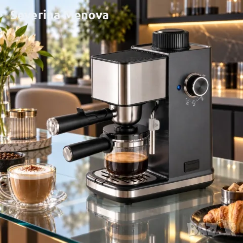 Еспресо Кафемашина 1500W с Парна Дюза, Стъклена Каничка и Метален Филтър