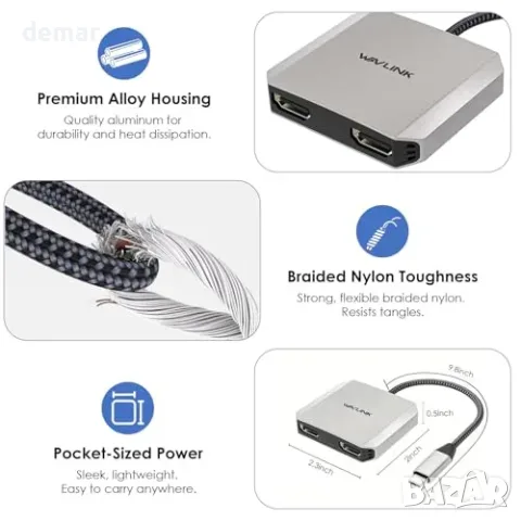 WAVLINK USB-C към два HDMI адаптер с 100 W PD, снимка 6 - Кабели и адаптери - 55775996