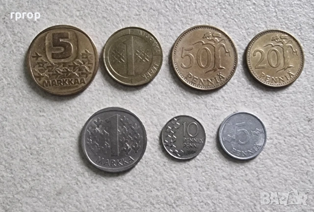 Финландия. Финланско пени и марка. 7 бройки.