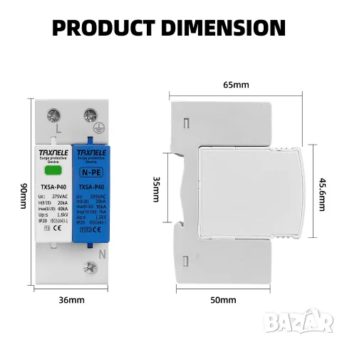 AC SPD 1P+NPE 275V 40kA T1+T2 защита от пренапрежение, снимка 5 - Друга електроника - 56005496