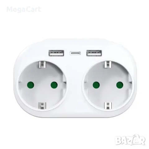 Удължител, 2 гнезда, 250V, 16A, Без кабел, 2 x USB F, 1 х USB-C, Бял