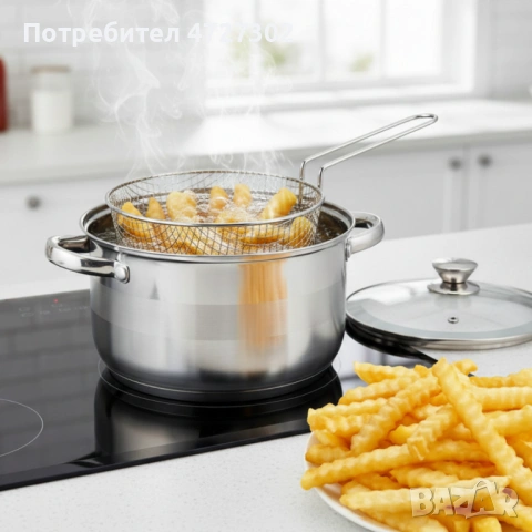 Тенджера с кошница за пържене и стъклен капак Cheffinger Ø24 см – инокс, 6,5 л, за всички котлони, снимка 3 - Съдове за готвене - 53721929