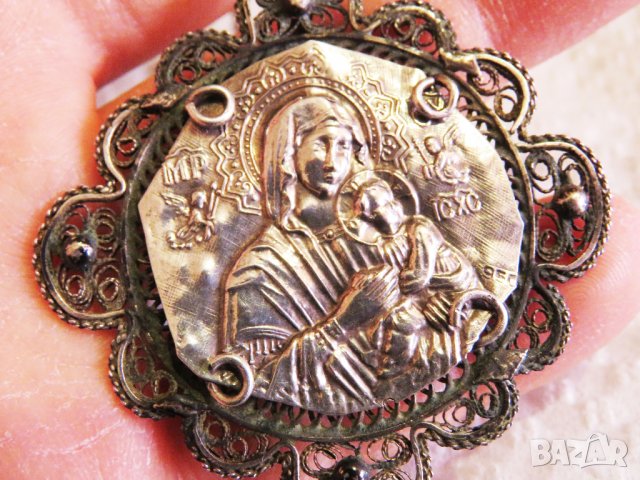 Възрожденска Сребърна икона, амулет, накит, медальон с Богородица, Дева Мария - Панагия 55 мм сребро, снимка 5 - Антикварни и старинни предмети - 35865580