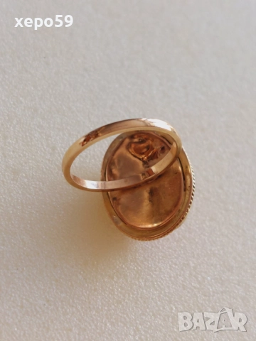 Дамски златен пръстен 14к с инкрустирана коралова камея, снимка 6 - Пръстени - 52624282