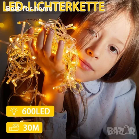 Светещ гирлянд за вътрешна и външна употреба – 600 LED диода, 30 метра, топла бяла светлина, снимка 2 - Лед осветление - 56197054