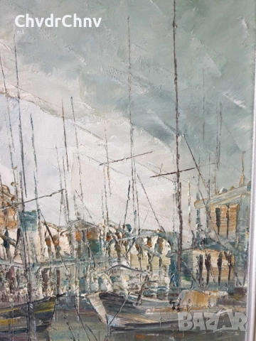 92х73см/голяма картина масло върху платно/морски пейзаж/градски къщи-рибарски лодки, снимка 5 - Картини - 52549568