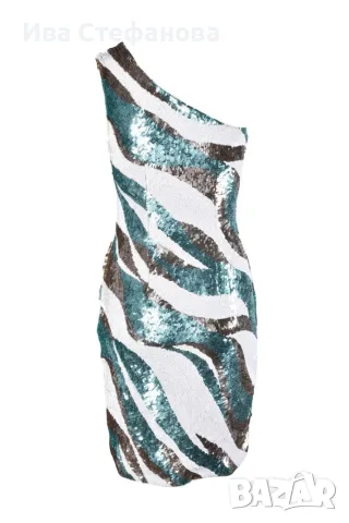  Elisabetta Franchi One-Shoulder Sequin къса парти официална коктейлна рокля пайети аквамарин , снимка 6 - Рокли - 46868543