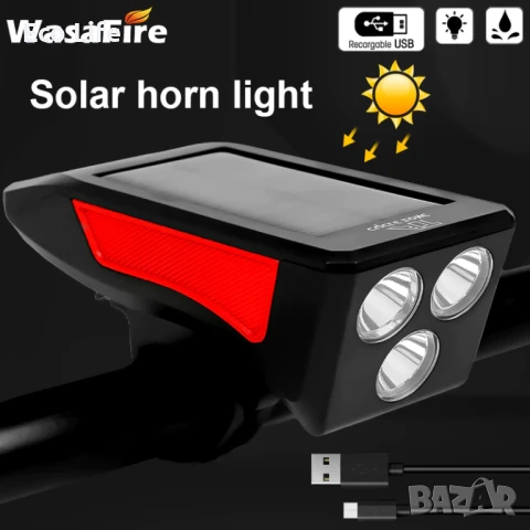 Фар за велосипед с клаксон, 2200 mAh Powerbank и соларно зареждане, снимка 3 - Велосипеди - 50779767