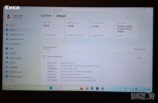 Лаптоп Lenovo ThinkPad L490 | I7 8565U | 16GB | 256 SSD, снимка 6 - Лаптопи за работа - 53289626