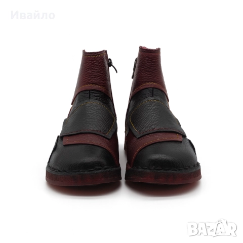 Дамски боти от естествена кожа в черно и бордо с креативен панелен дизайн, снимка 2 - Дамски боти - 52190146