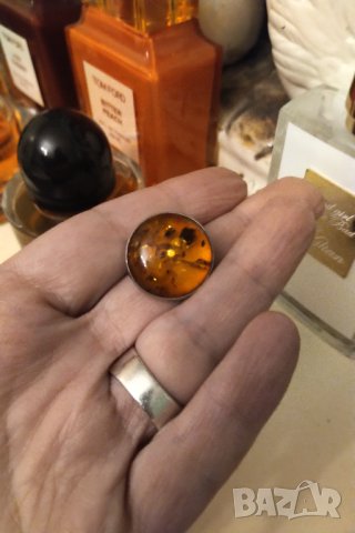 Ретро сребърни обеци естествен кехлибар на клипс   , снимка 4 - Обеци - 44373829