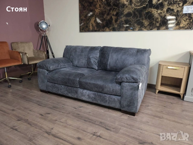 Сив кожен диван двойка - телешки бокс, снимка 4 - Дивани и мека мебел - 53755061