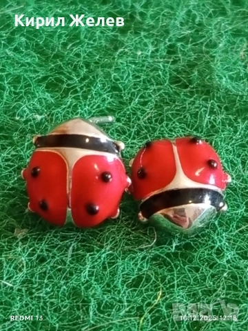 Сребърни обеци във формата на КАЛИНКА 🐞с червен емайл и черни точки 39702, снимка 2 - Обеци - 52719718