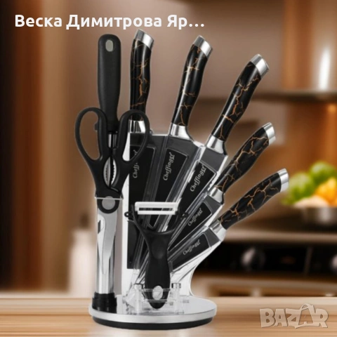Комплект уреди за рязане Cheffinger – 9 части с мраморно покритие, стойка, точило и белачка, снимка 6 - Прибори за хранене, готвене и сервиране - 53717474