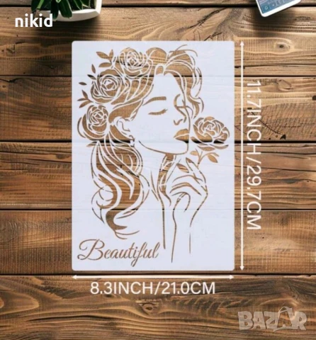 Момиче с роза жена Beautiful шаблон стенсил спрей за торта украса стена scrapbooking, снимка 2 - Други - 51267604