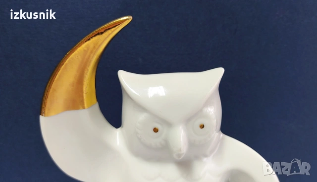 Сериозен бухал от 1980 г. – порцелан и злато, снимка 2 - Декорация за дома - 53620396