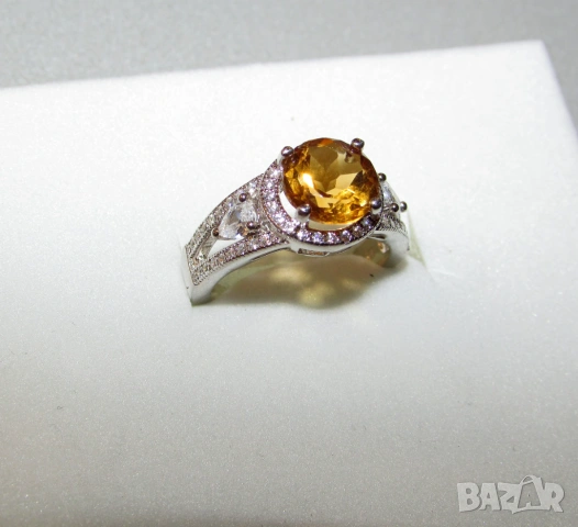 925 сребърен пръстен с цитрин камък 8мм, подходящ за подарък, снимка 2 - Пръстени - 53724879