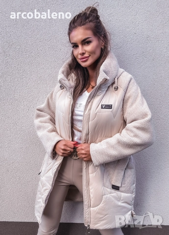 Дамско кремаво по-дълго яке, изработено  от комбиниран материал , снимка 4 - Якета - 52000456