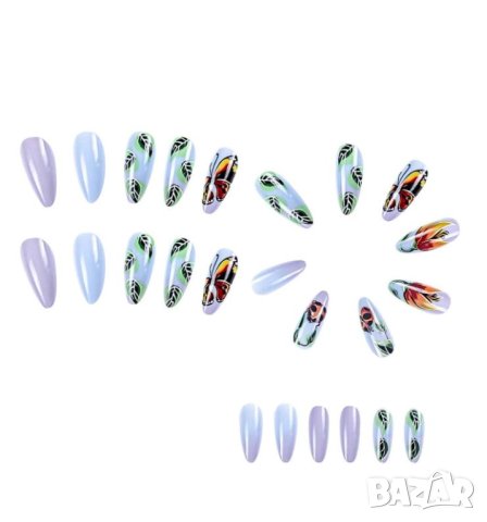 Комплект Разкошни Press-on Изкуствени Нокти 24 броя Рисувани Многоцветни Пеперуди КОД nail411, снимка 3 - Продукти за маникюр - 41869706