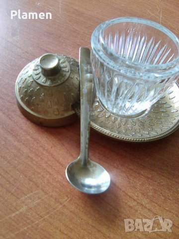 Красива захарничка от дебело стъкло и метал с поднос, снимка 4 - Антикварни и старинни предмети - 35862179