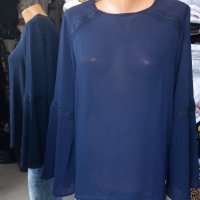 ТЪМНОСИНЯ шифонена риза/блуза с дантела по раменете и по ръкавите , снимка 1 - Ризи - 38810241
