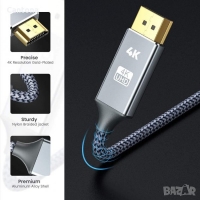 4K DisplayPort към HDMI, 4K@30Hz, DP към HDMI кабел, найлонова оплетка, позлатени накрайници, 180 см, снимка 2 - Кабели и адаптери - 36039924