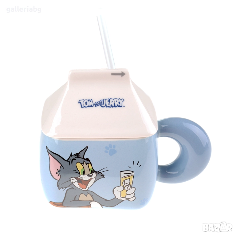 Керамична чаша Tom & Jerry – котка и мишка, квадратна чаша за мляко със сламка, 200 мл 🥛, снимка 1