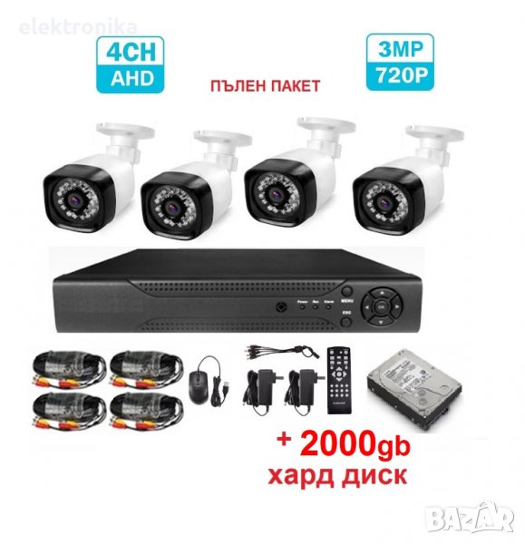 Комплект за Видеонаблюдение - 2000gb хард + камери + DVR + кабели + захранване - Пълен пакет, снимка 1