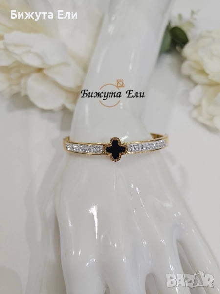 Гривна стомана черна детелина с кристали , снимка 1