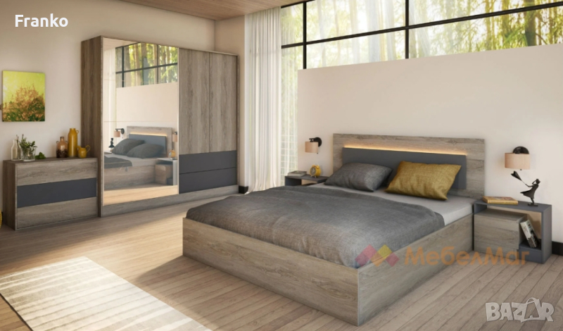 Спален комплект с гардероб с огледало 2бр нощни шкафчета и скрийн, снимка 1