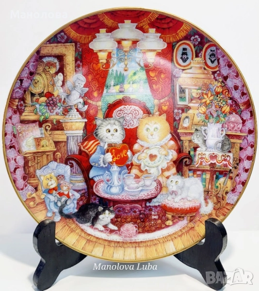 Колекционерска порцеланова чиния Wconker Wuv от серията Holiday Cat Plate на Franklin Mint., снимка 1