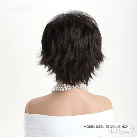 Къса дамска тъмно кафява перука с фини руси кичури, снимка 4 - Аксесоари за коса - 50540353