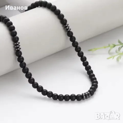 Мъжки гердан от естествени камъни - черен оникс мат, снимка 3 - Колиета, медальони, синджири - 50424138