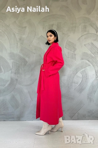 Дамско дълго палто с колан в цвят циклама – елегантен модел, снимка 2 - Палта, манта - 52792497