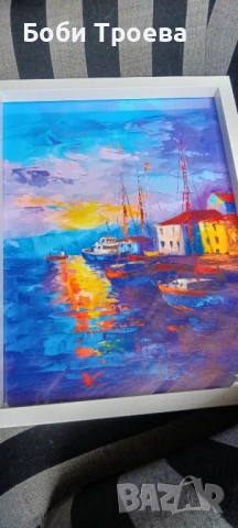 Модерна Стенна Декорация с Рамка -Спокойни Лодки и Сграда, снимка 5 - Картини - 51974318
