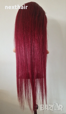 Естествена дантелена перука 80 см - 200% плътност, 13x6 Lace, бургунди тъмно червена права коса, снимка 7 - Аксесоари за коса - 53136225
