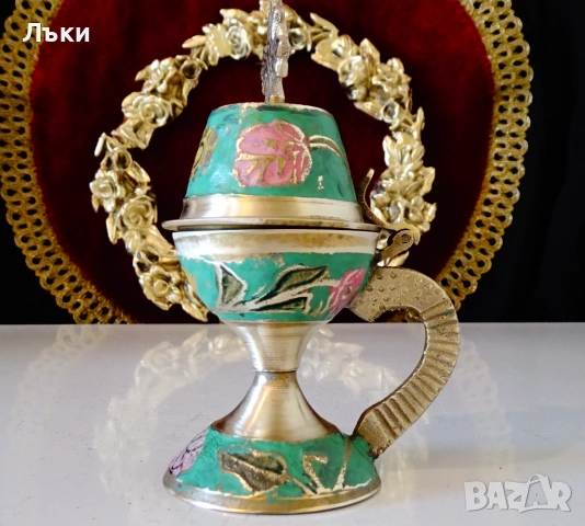 Православно бронзово кандило,тамянник,клетъчен емайл. , снимка 2 - Антикварни и старинни предмети - 52228176