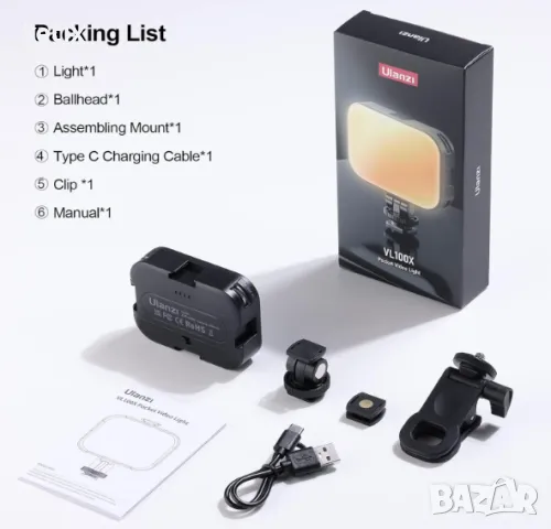 ULANZI VL100X LED селфи светлина с щипка, снимка 7 - Светкавици, студийно осветление - 48441039