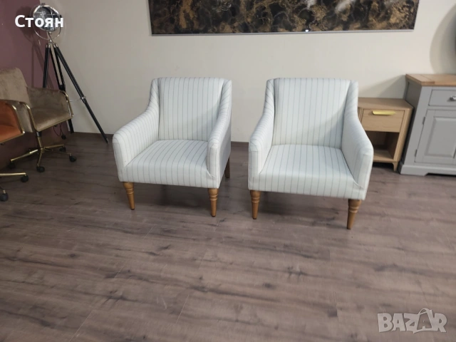 Два броя кремави фотьойли от плат на райета, снимка 8 - Дивани и мека мебел - 53802746