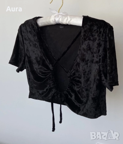 Black velvet tie-front crop top 