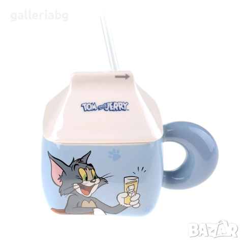 Керамична чаша Tom & Jerry – котка и мишка, квадратна чаша за мляко със сламка, 200 мл 🥛
