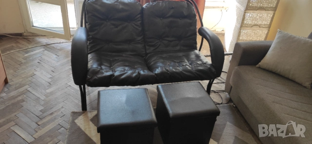 Двоен кожен фотьойл с тръбна конструкция и 2 табуретки