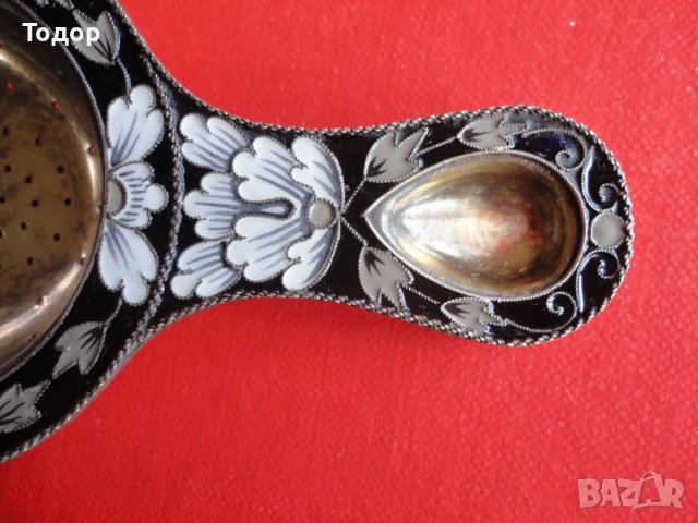 Уникална руска сребърна цедка за чай емайл позлата 916, снимка 7 - Колекции - 38740723