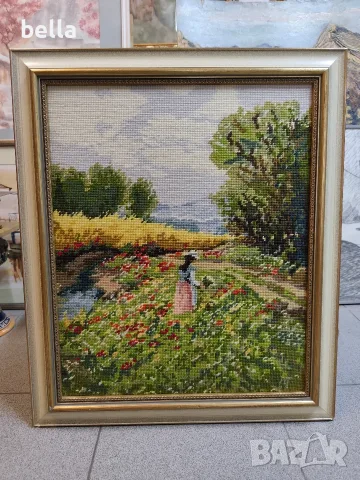 Продавам ръчно ушит гоблен "Разходка край реката" по класически френски сюжет. , снимка 8 - Антикварни и старинни предмети - 56231721