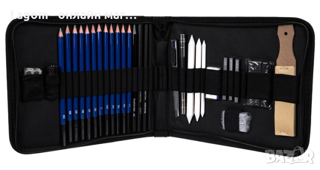 Професионален комплект за скициране 32 части в калъф – моливи, въглен, гуми и аксесоари, снимка 2 - Други - 52561137