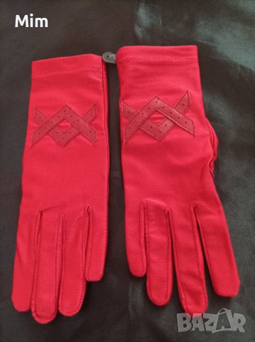 Червени  ръкавици от еластичен сатен и кожа , снимка 2 - Ръкавици - 41557084