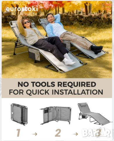 Сгъваем шезлонг KingCamp, голям подплатен градински шезлонг с 5 регулируеми позиции, 200 х 68 см, снимка 3 - Градински мебели, декорация  - 52776867