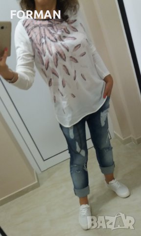 Тъничка бяла блуза с принт розови перца, снимка 2 - Тениски - 41524219