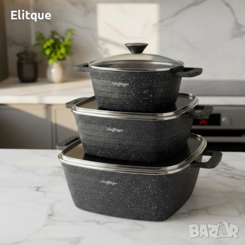 Комплект тенджери – Cheffinger от 3 части с мраморно покритие и капаци + подарък 2 ръкавици