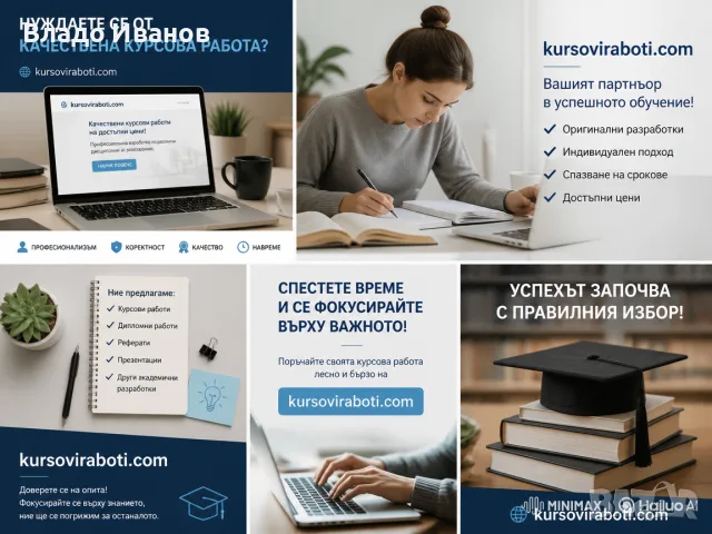 Курсови, дипломни работи, дисертации, есета, реферати, казуси, презентации, проекти, доклади, статии
